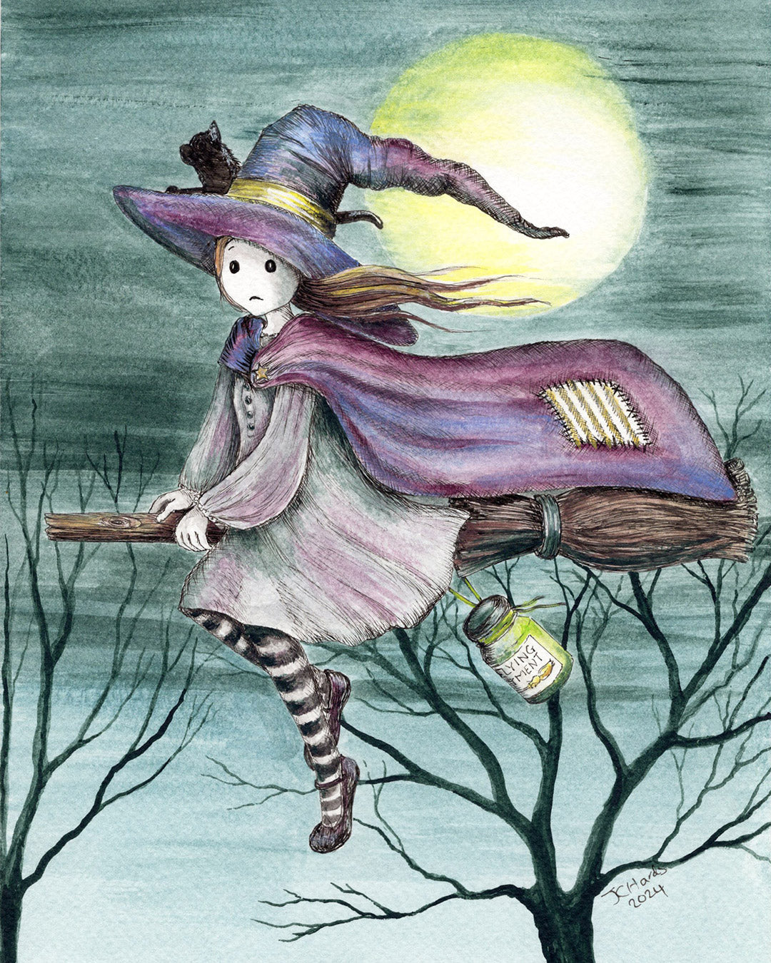 a halloween illustration of a witch girl on a broomstick with a black cat