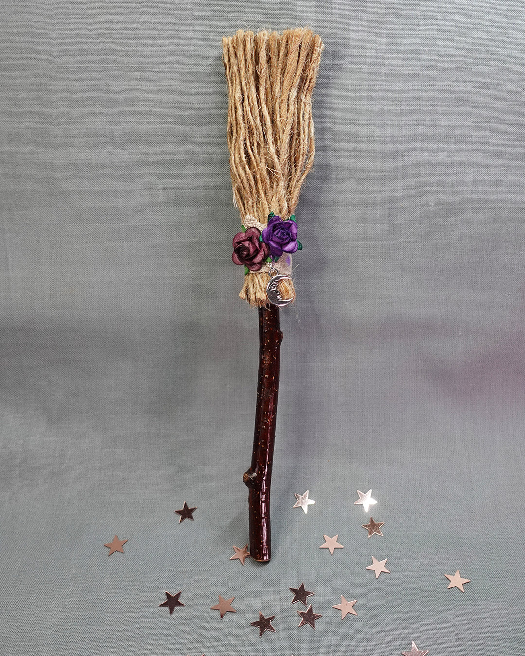 Miniature broomstick with purple roses and moon charm