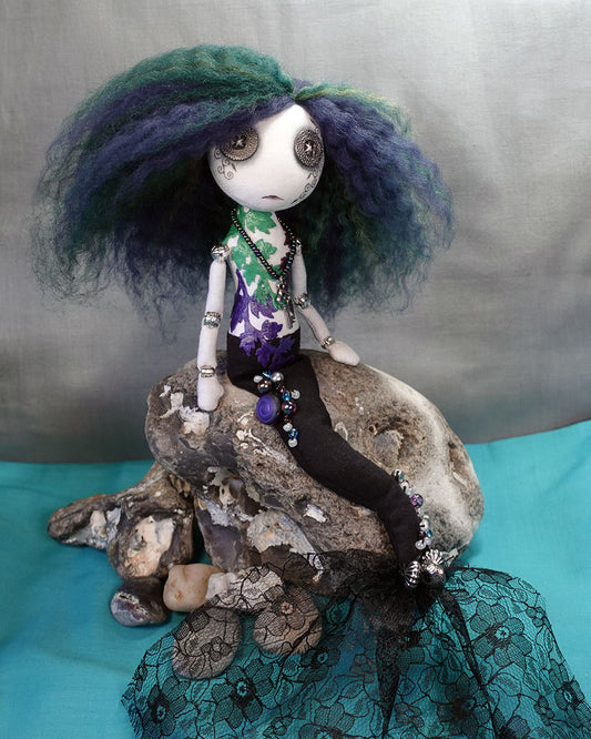 gothic mermaid art doll with button eyes , in black blue and green
