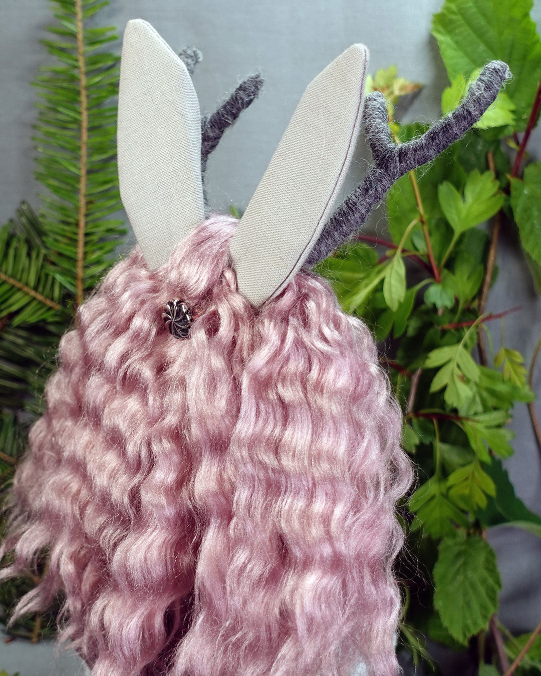 Dusky rose colour long wavy hair with rabbit ears and metal bead decoration