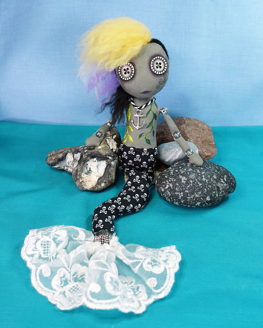 non binary, bead jointed, merfolk or merrow art doll with button eyes
