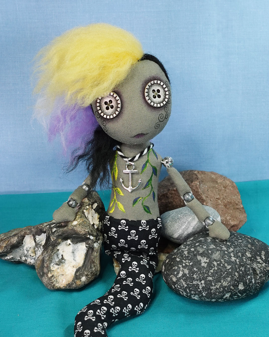 non binary, bead jointed, merfolk or merrow art doll with button eyes