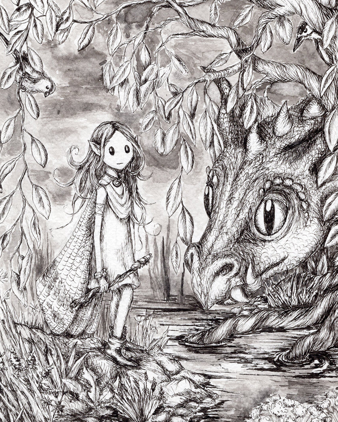 Greywillow and the Dragon - 7" x 10" Original pen and ink illustration by Jo Hards