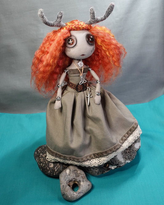 a button eyed celtic forest spirit art doll with antlers