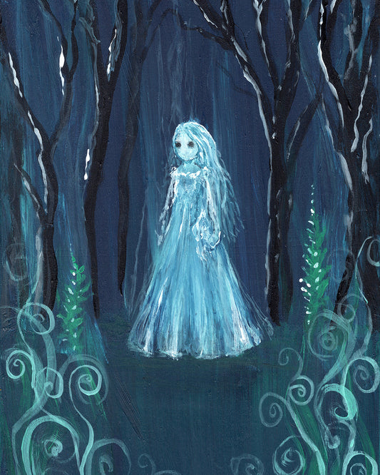 painting of a ghost in dark blue forest setting
