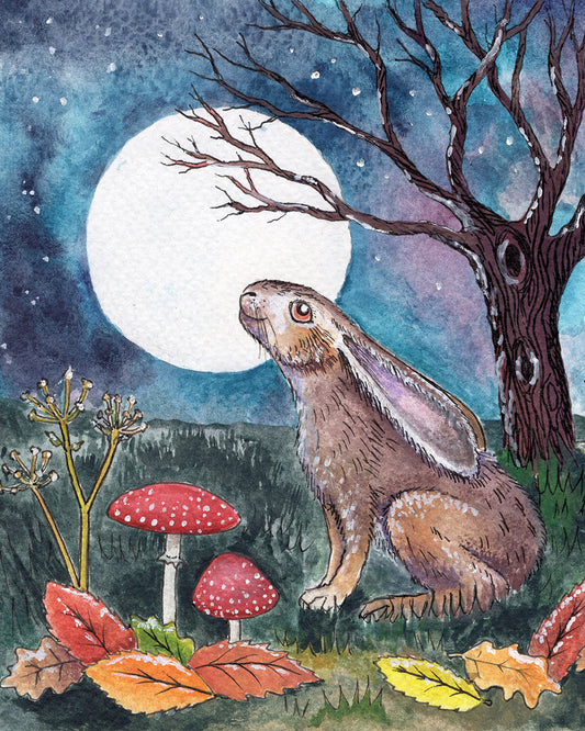 a moon gazing hare painting with mushrooms and fallen autumn leaves