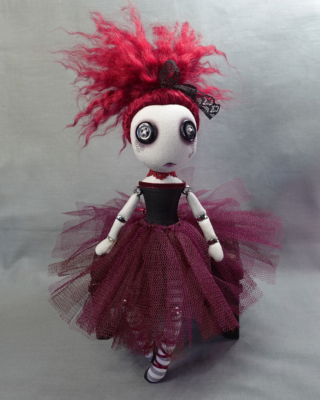 a button eyed Gothic ballerina art doll in burgundy and black