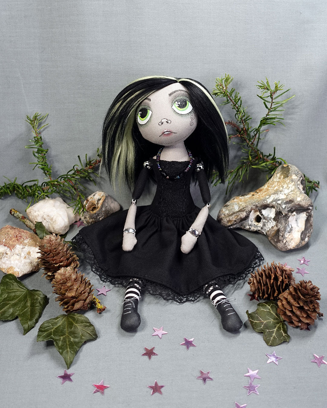 Gothic cloth art doll with hand painted face in black dress