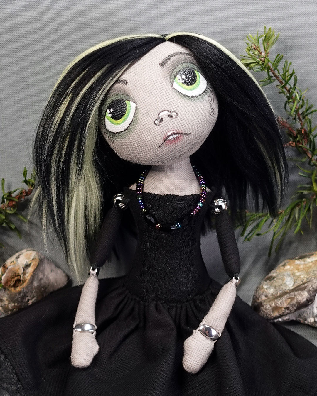 Gothic cloth art doll with hand painted face in black dress