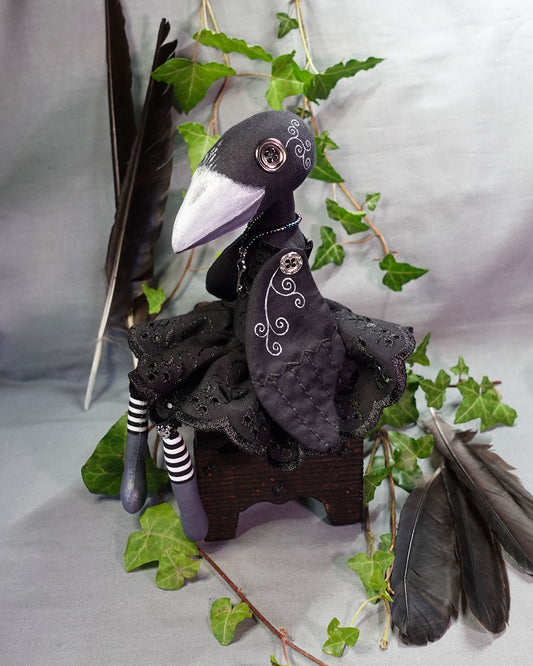 Decorative, button eyed, crow art doll in Gothic dress