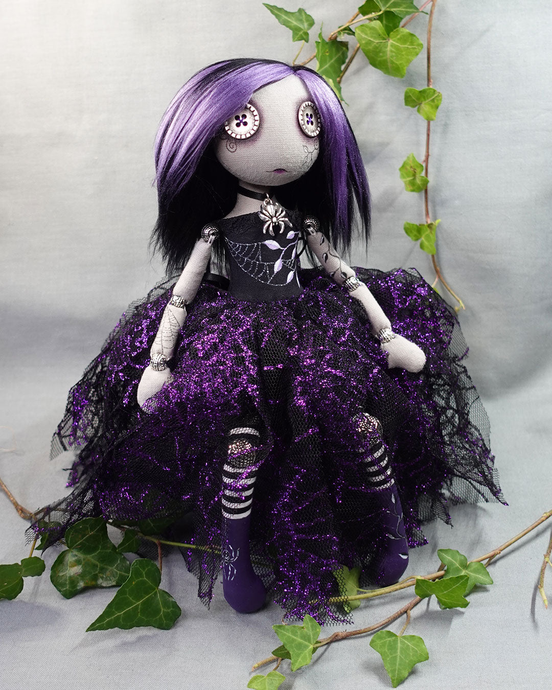 Witchy Gothic doll n purple and black with glittery purple spiderweb dress