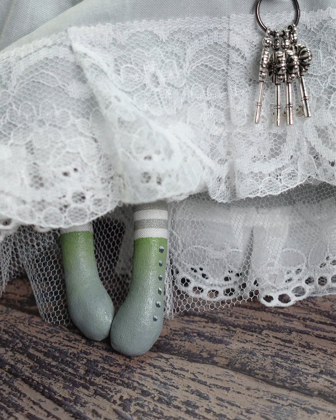 close up of hand painted grey and green boots