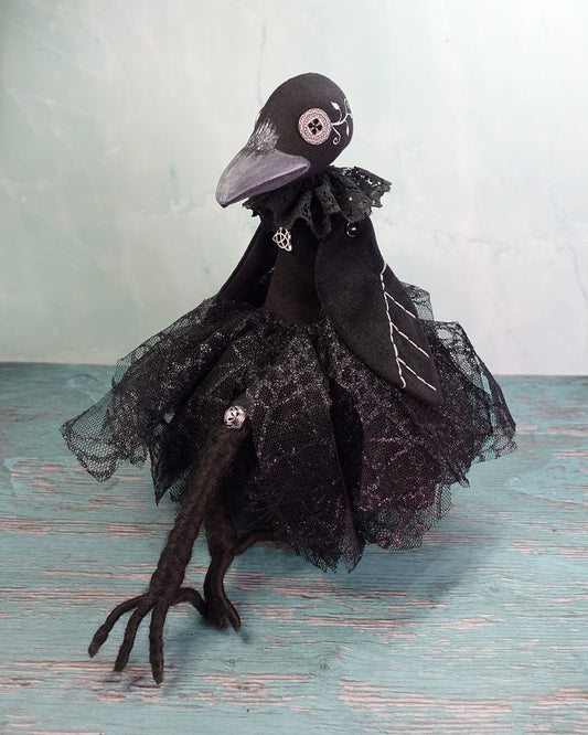 Black crow art doll in black lace and velvet dress with metal buttons for eyes