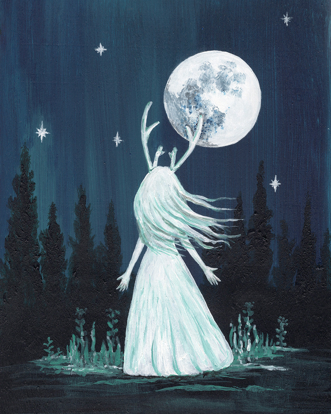 Ghostly figure with antlers in moonlit forest with starry sky and full moon