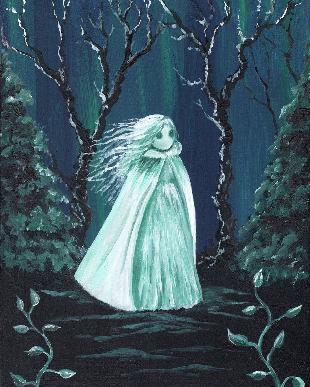 Glowing ghost-like figure in a forest setting