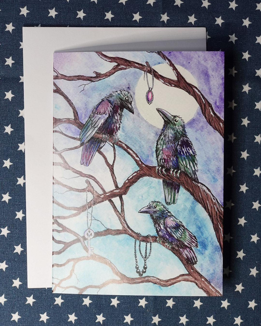 art greeting card with illustration of three crows in tree