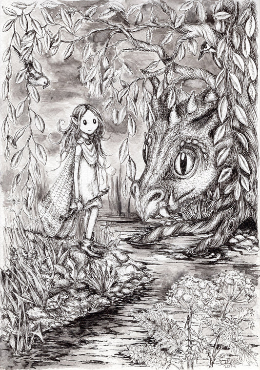 Greywillow and the Dragon - 7" x 10" Original pen and ink illustration by Jo Hards