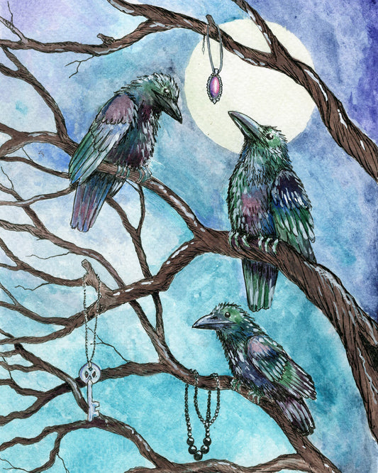 a painting of three crows sitting in a tree with jewellery dangling from the branches