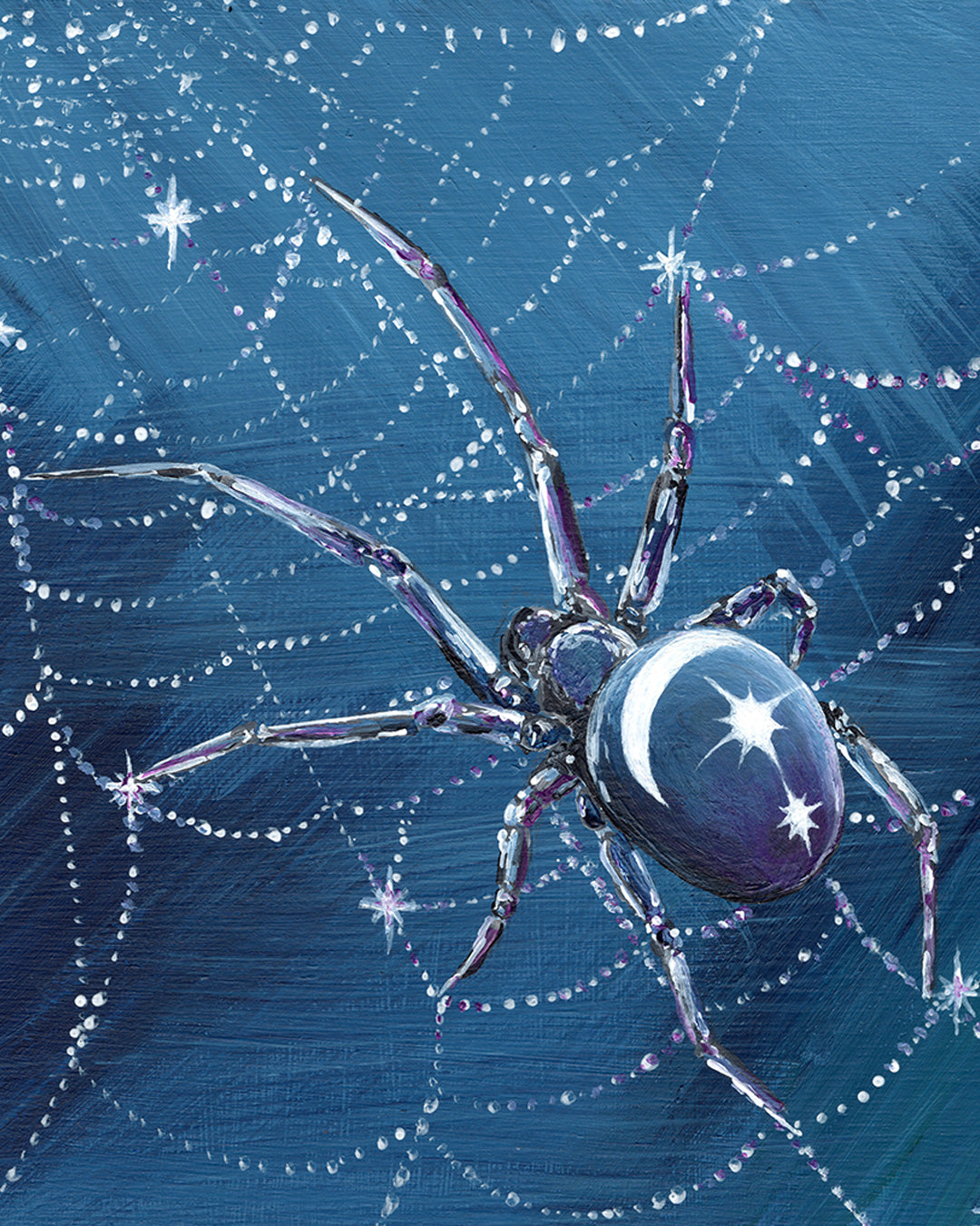 close up of a painted spider with moon and stars on its back in glistening web on blue background