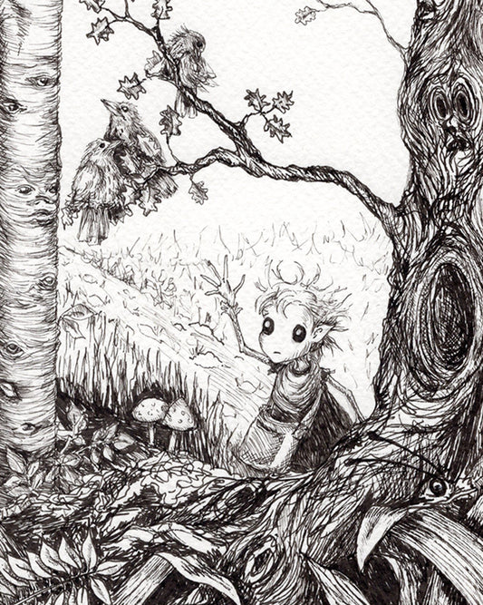 Rowan and the Tree Spirits - 7" x 10" Original ink drawing by Jo Hards