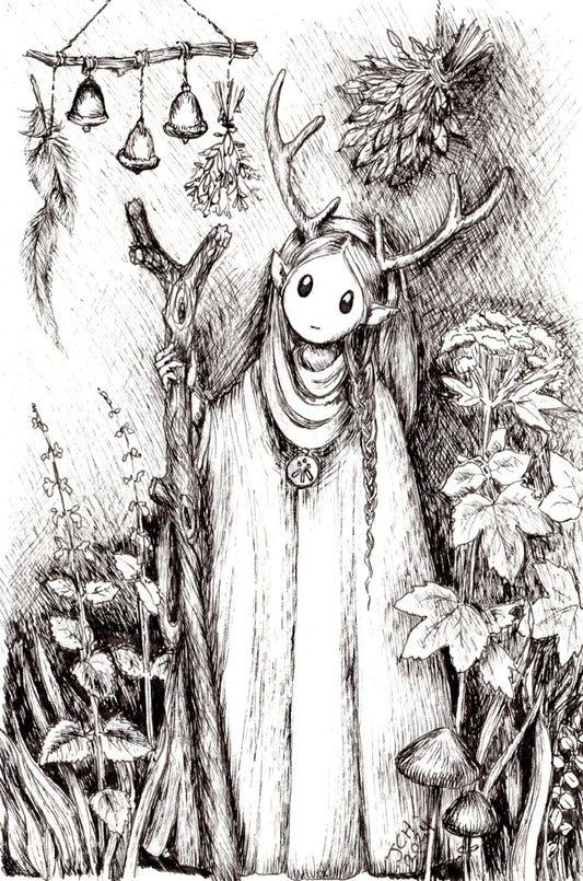 Welsh fae, druid, healer illustration - cloaked elf with antlers