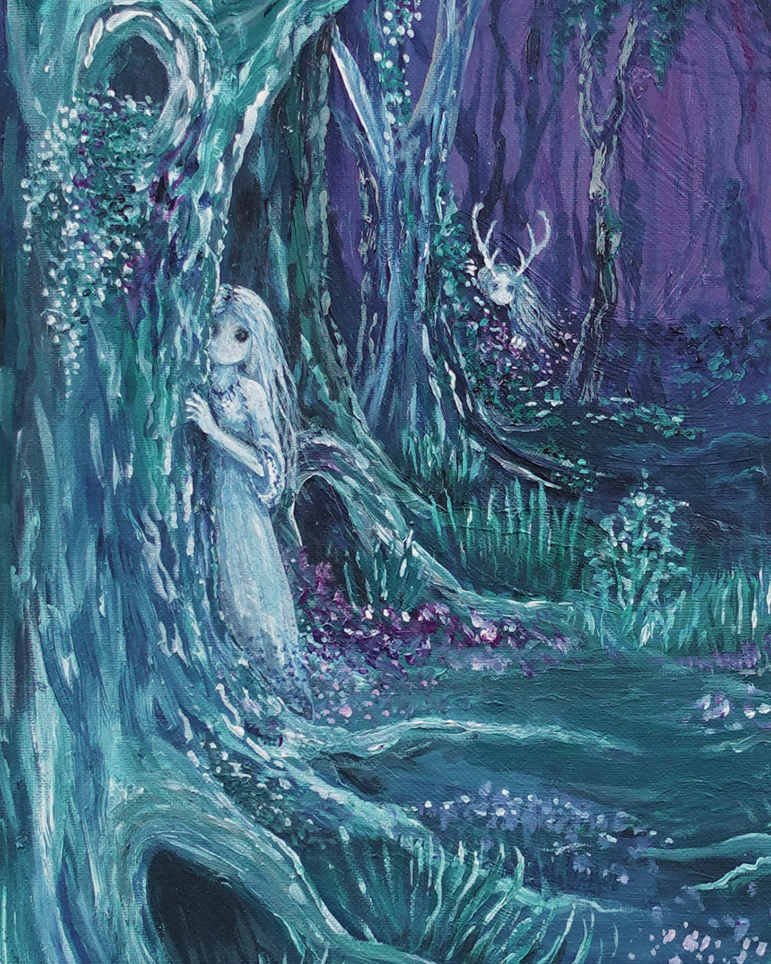 Close up of woodland painting with ghost girl and antlered fae character hiding in trees
