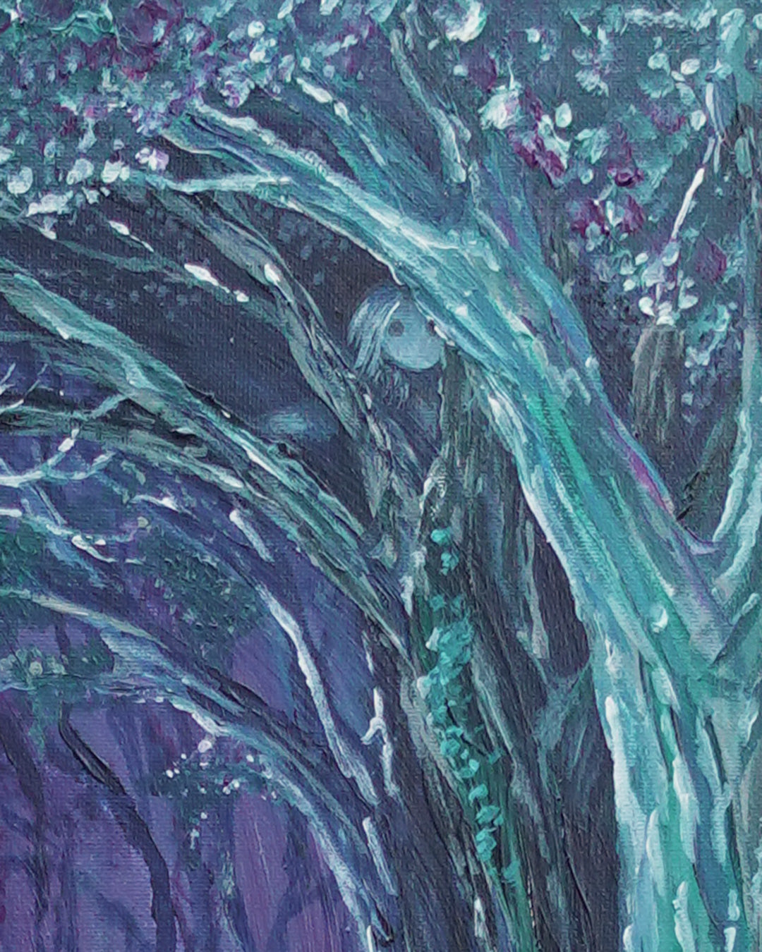 close up of painting showing ghost character hiding in branches of a tree