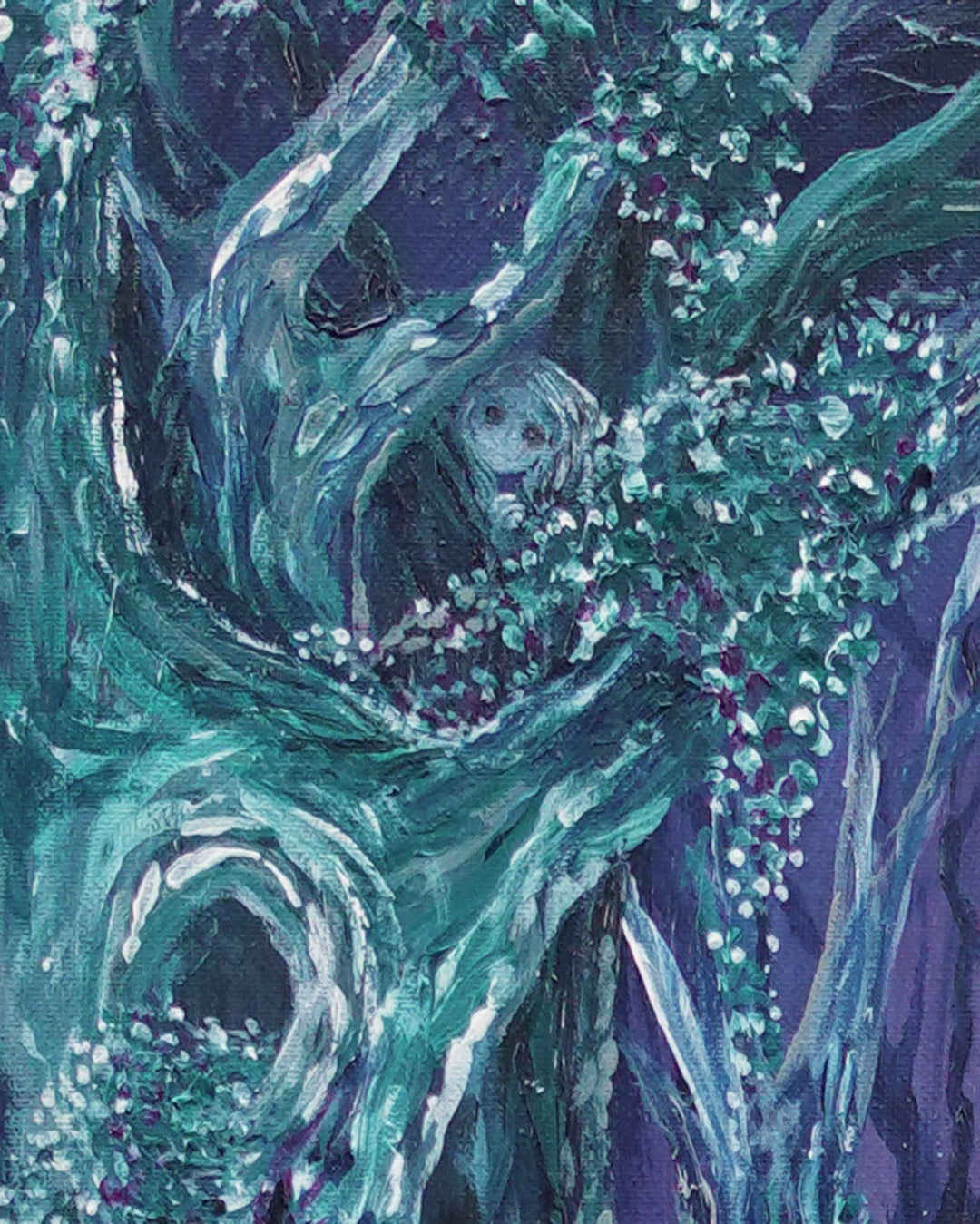 Ghost girl hiding in a tree with intricate details in teal and purple tones.