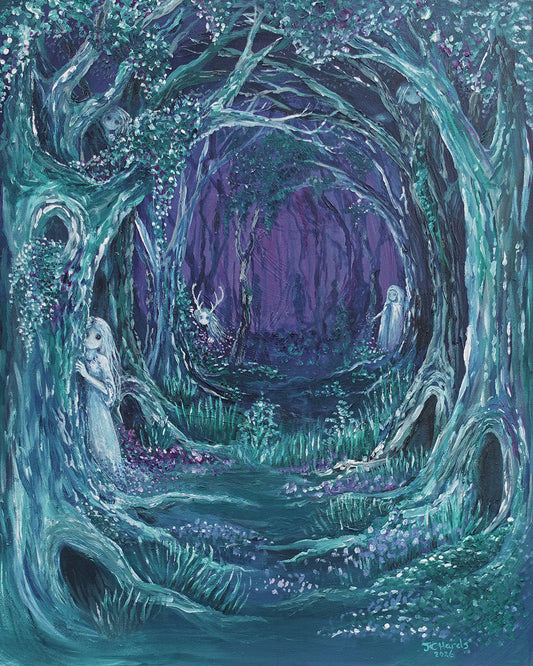 Artistic depiction of a mystical forest with twisted trees and ghostly characters.
