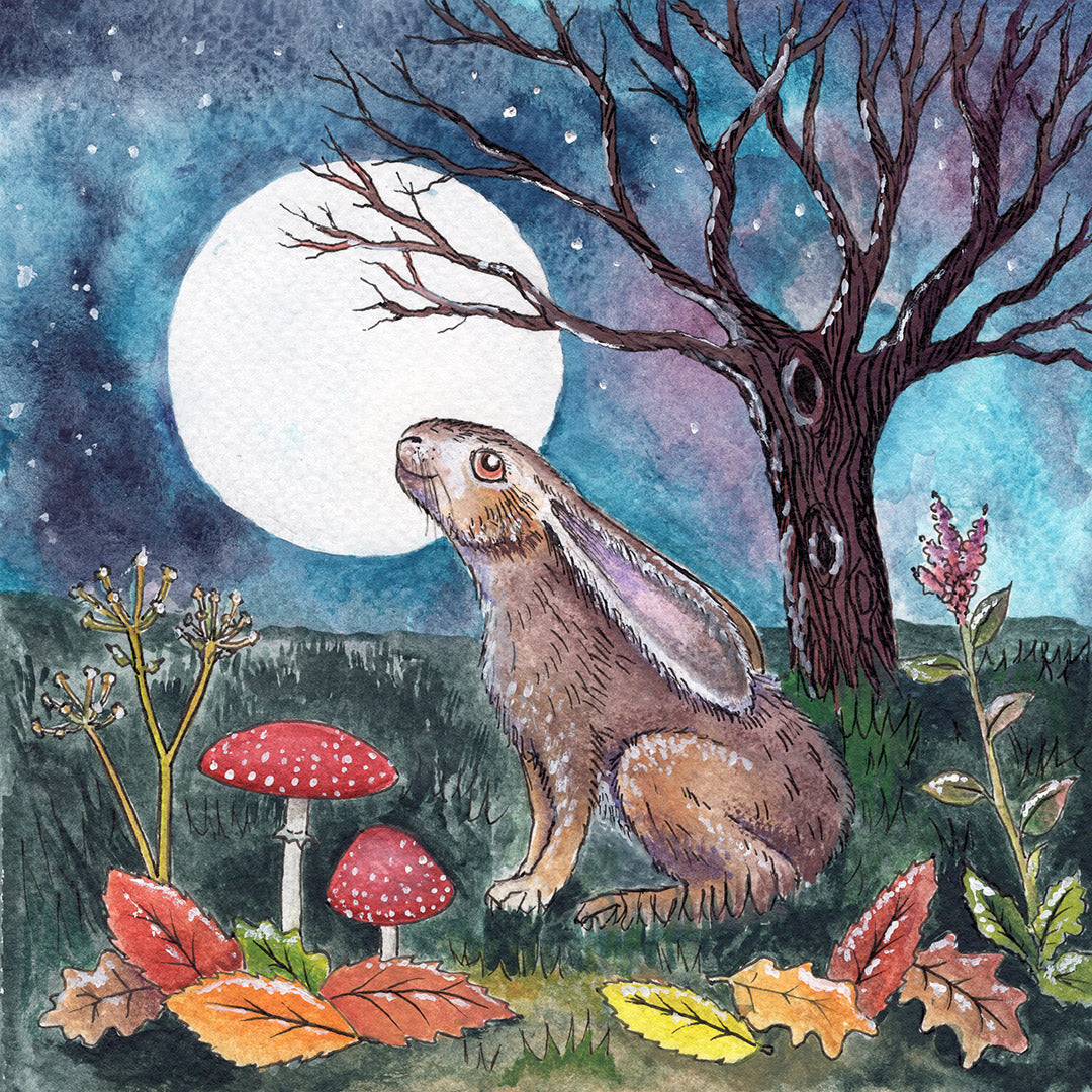 Moon Gazing Hare in Autumn - Art Print