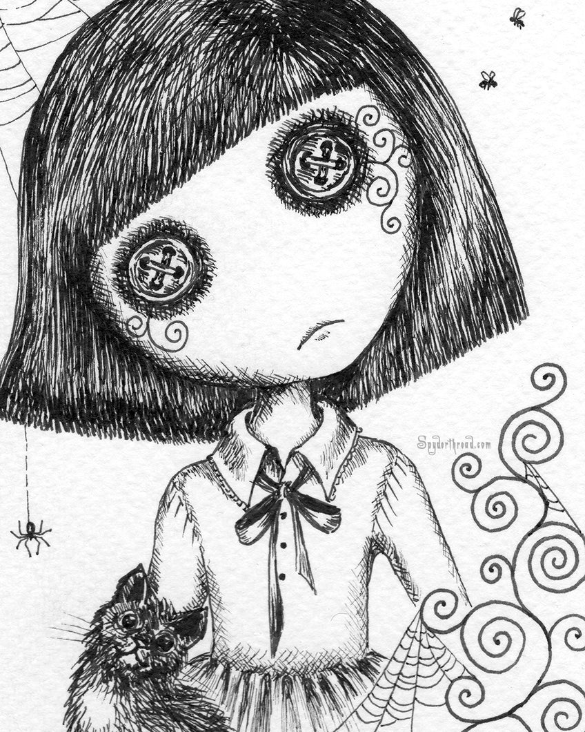 close up cropped image of black and white ink drawing showing spooky button eyed girl and cat, with cobwebs and spider